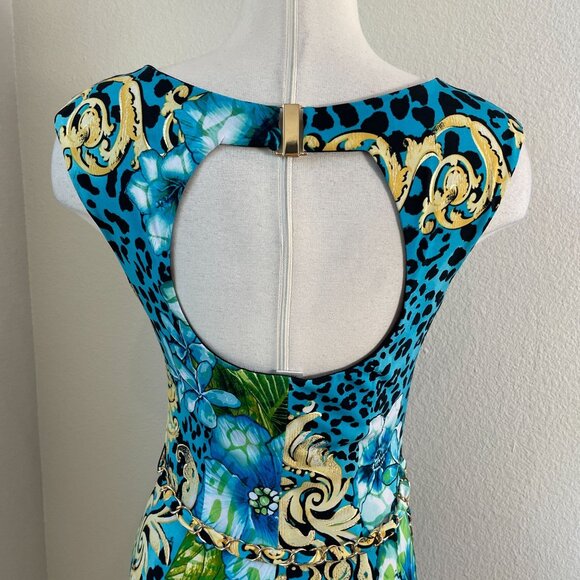 Cache Womens Medium Blue Floral Leopard Print Sleeveless Sheath Dress Chain Belt - Picture 7 of 12